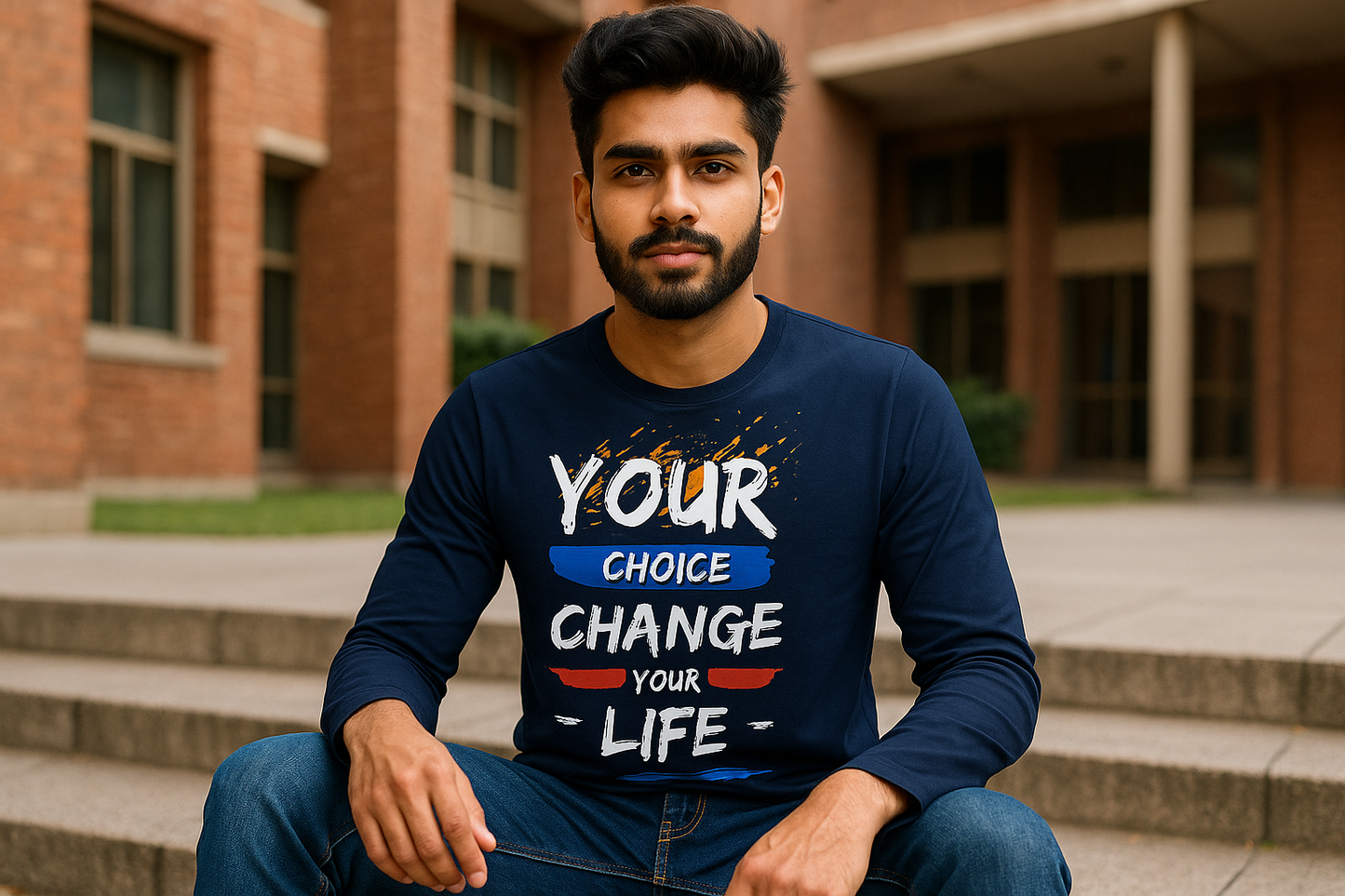 682x875 Vertical mockup - College campus with navy blue t-shirt