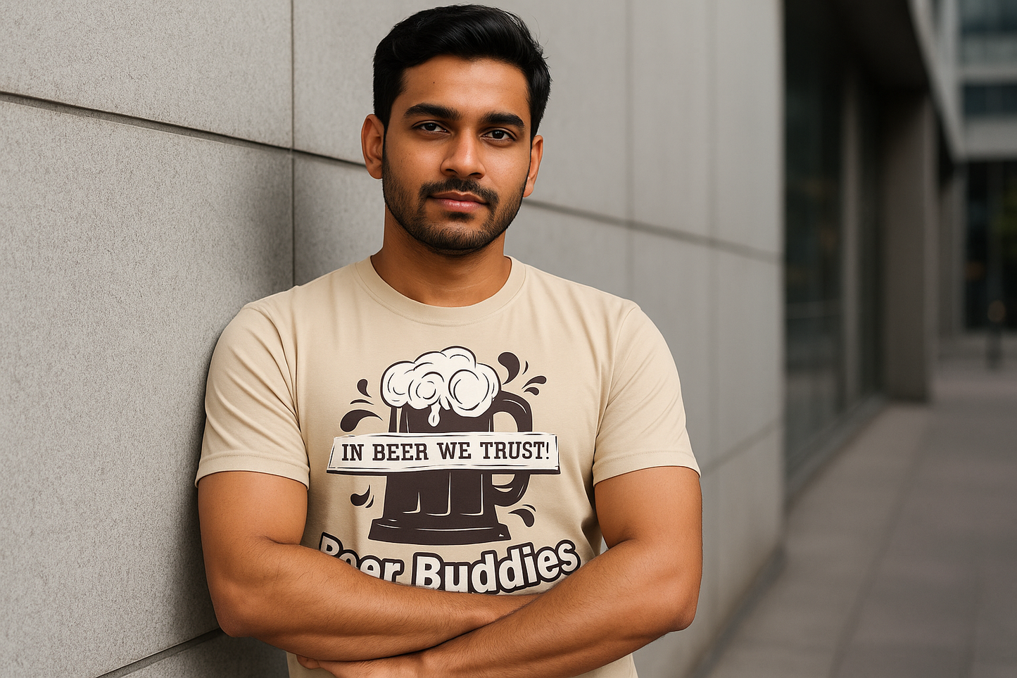 Beige t-shirt - Leaning with arms crossed