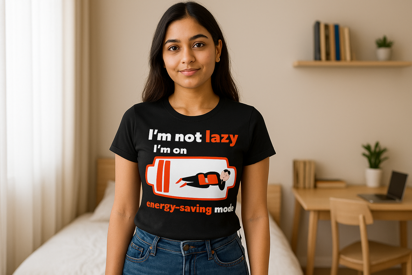 Female model 1 - Black short sleeve t-shirt