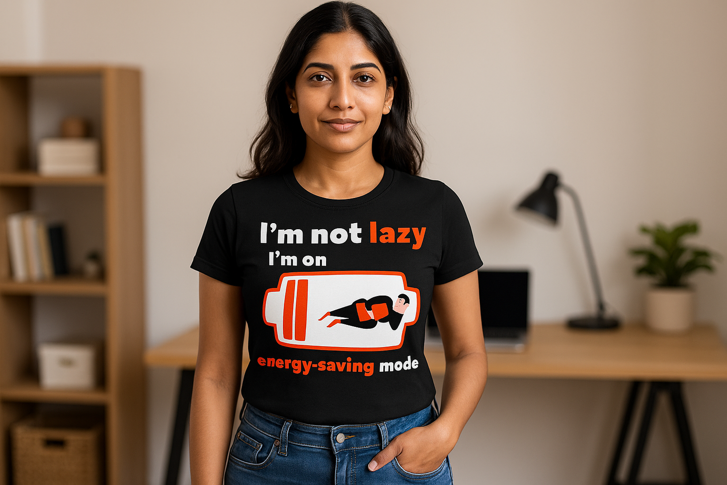 Female model 2 - Black short sleeve t-shirt