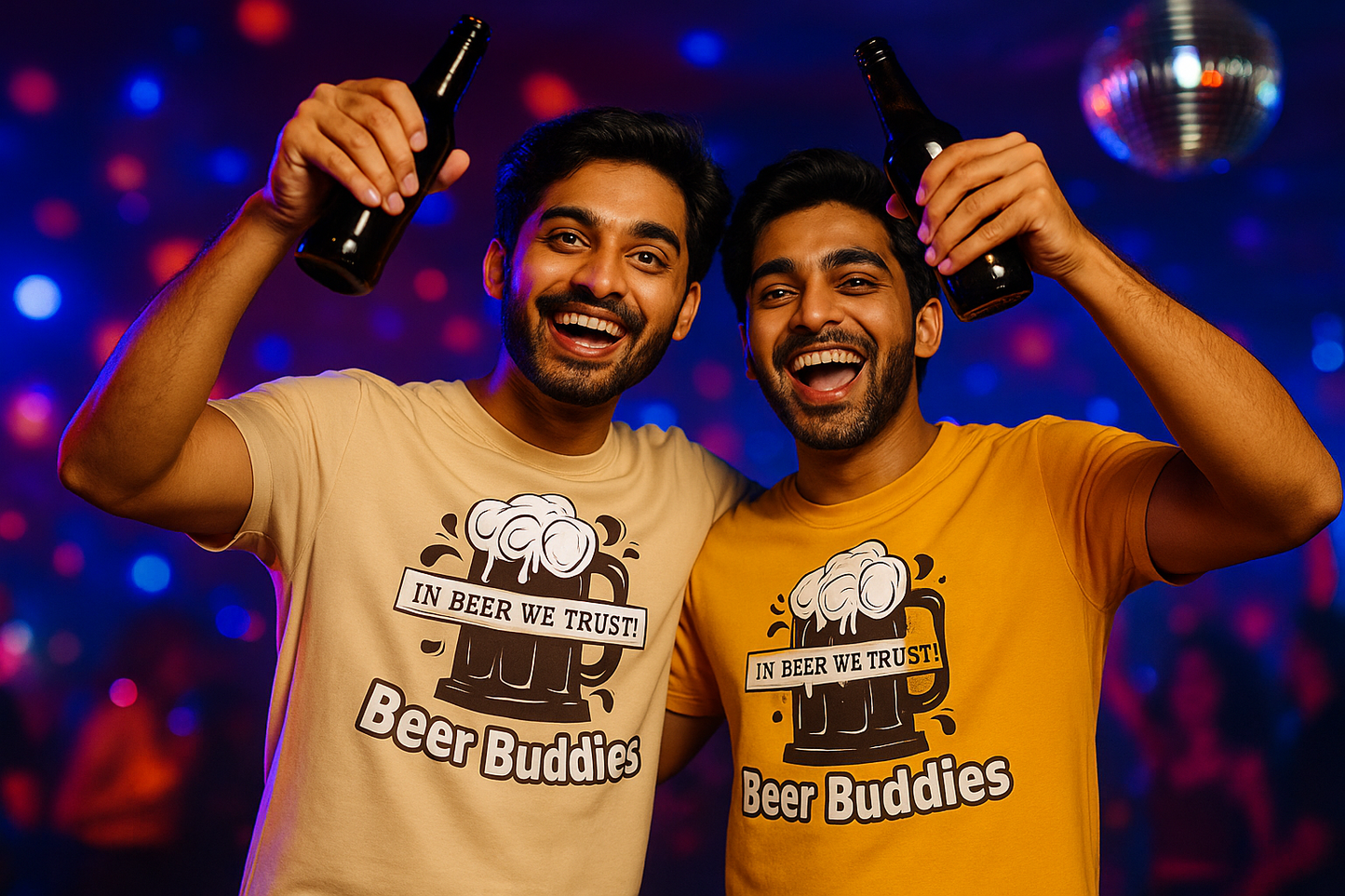 Friends cheers with soda - Disco lights background