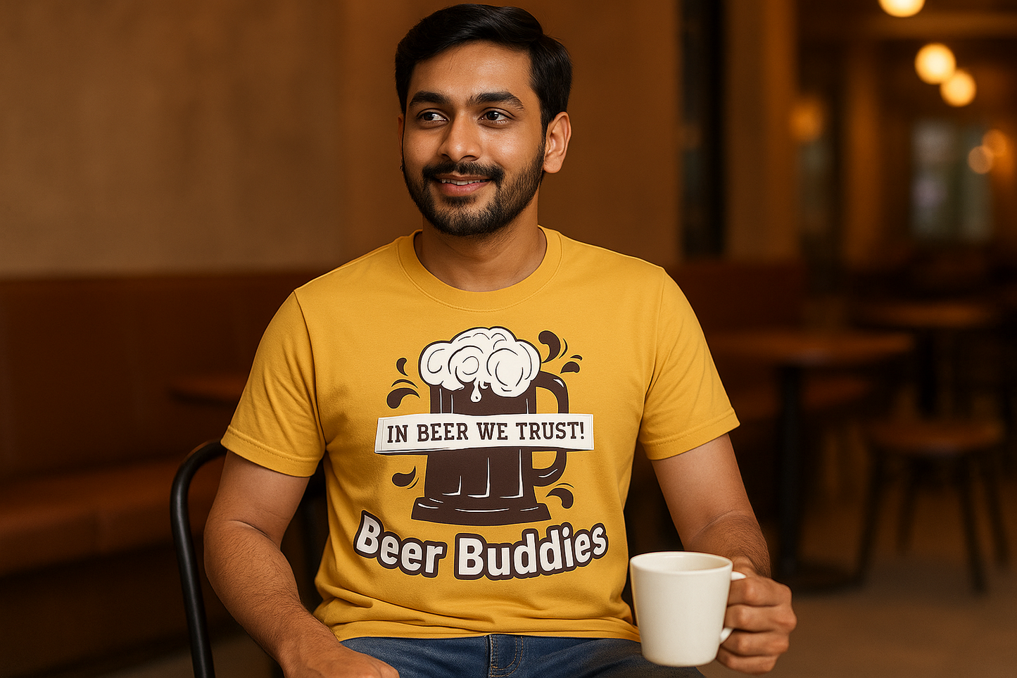Golden yellow t-shirt - Sitting with coffee
