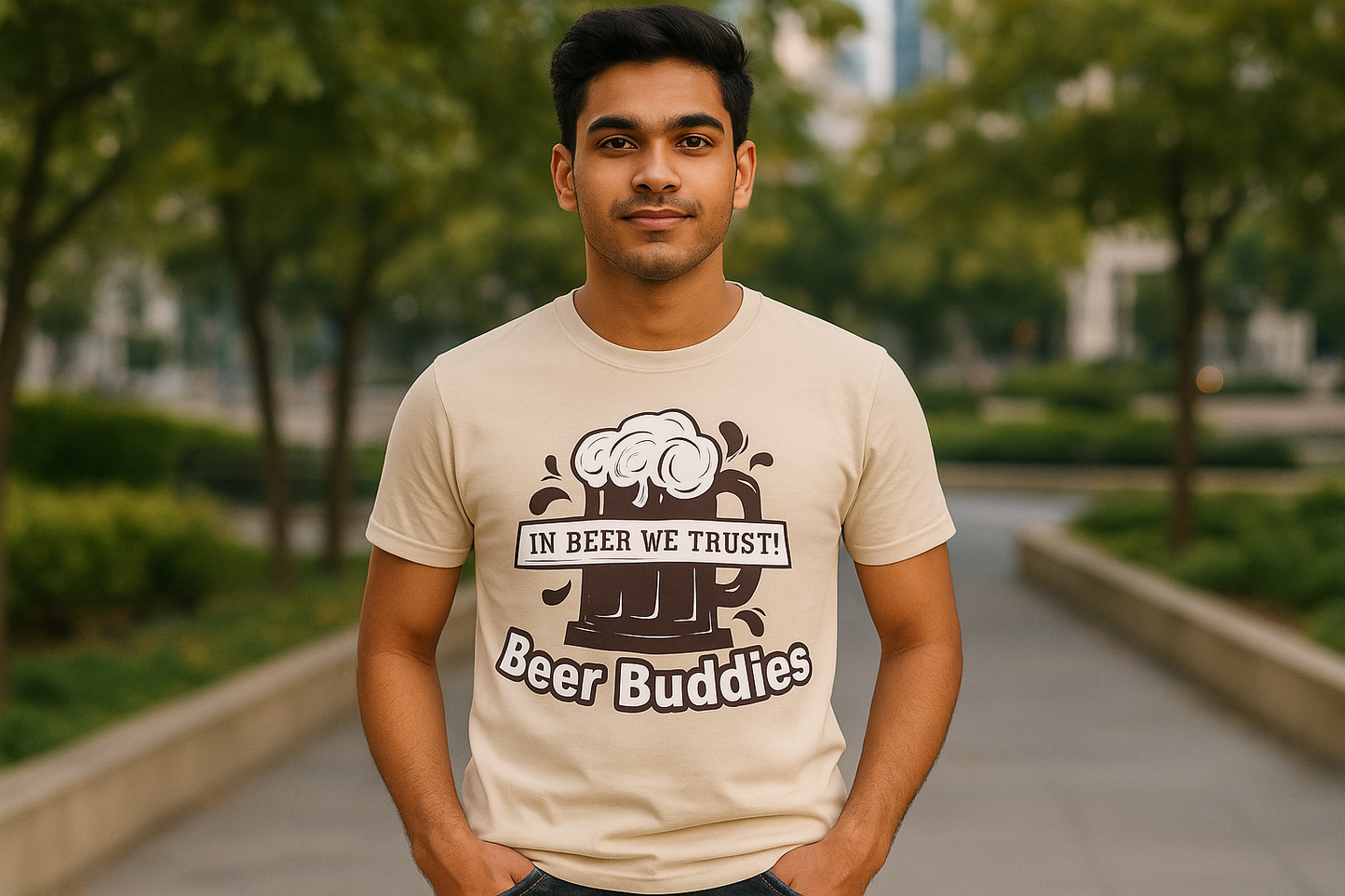 Beige t-shirt - Standing with hands in pockets