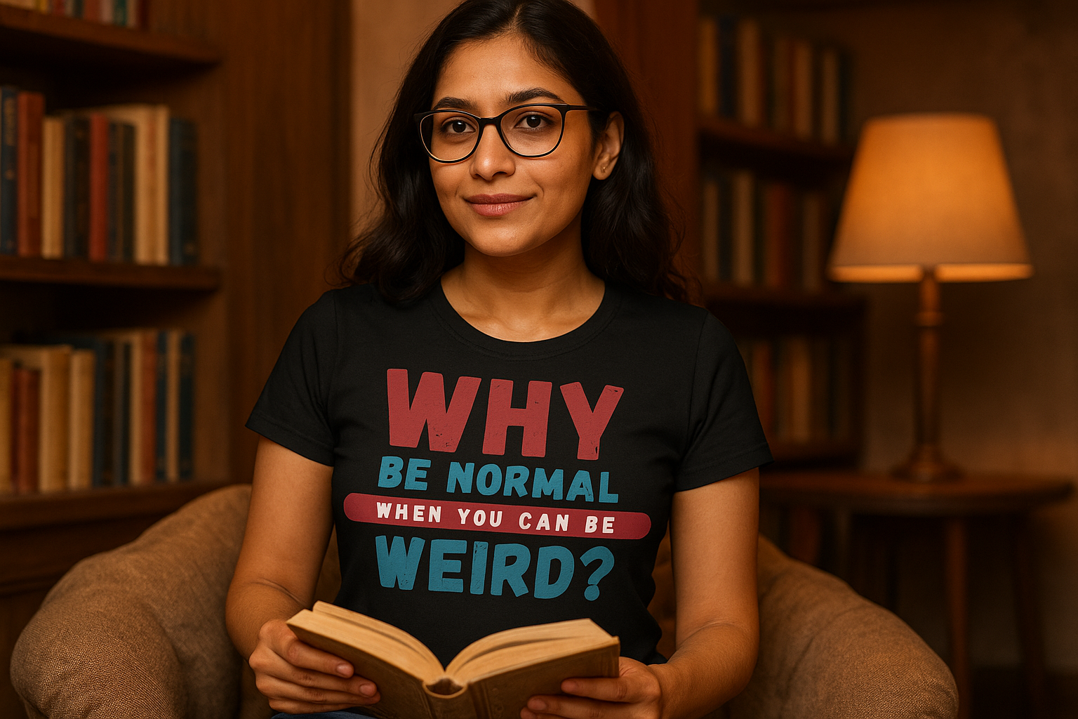 Female - Holding book in black t-shirt