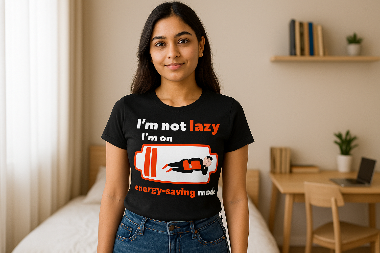 Female model 1 - Black short sleeve t-shirt