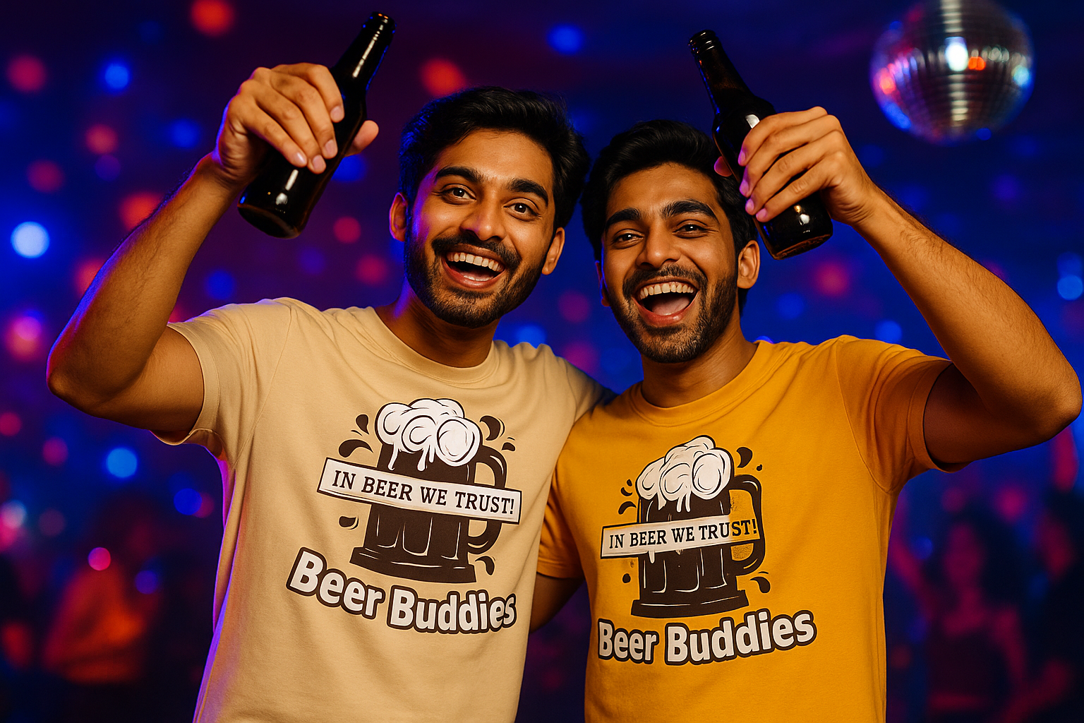 Friends cheers with soda - Disco lights background
