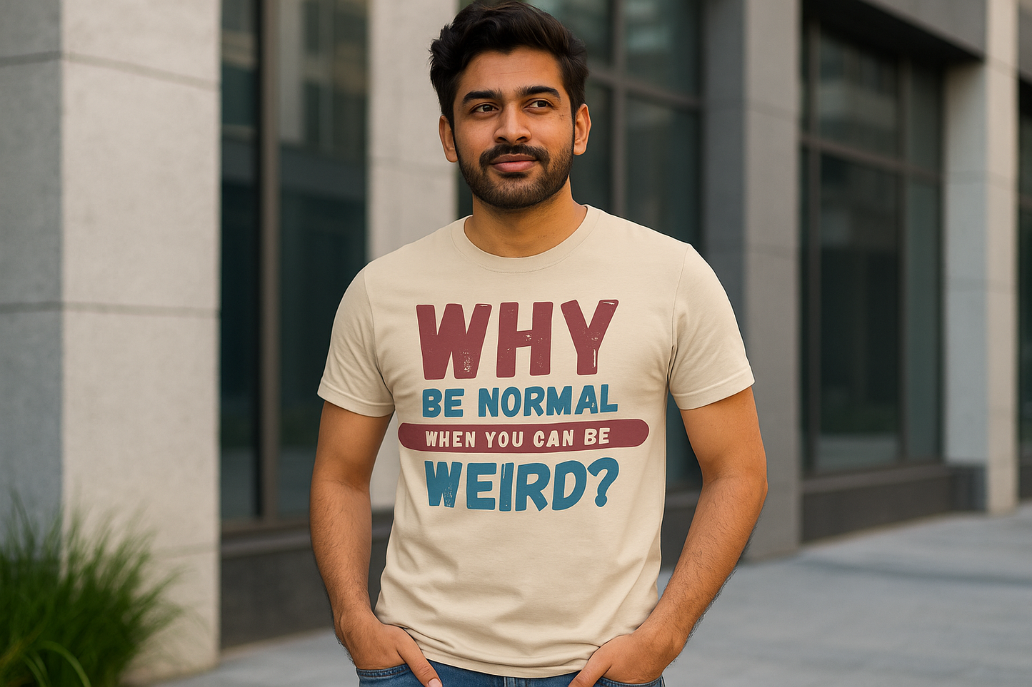 Male - Standing casually in beige t-shirt