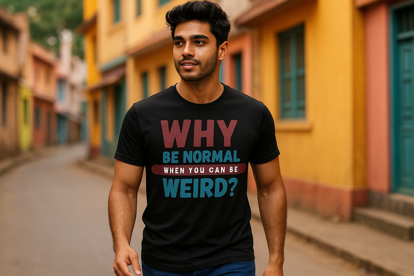 Male - Walking on Indian street in black t-shirt